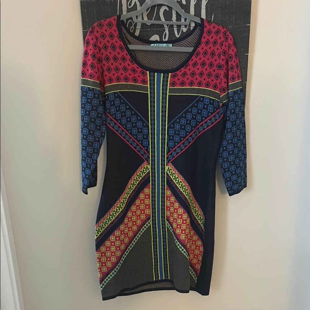 Geometric Pattern Sweater Dress with Multi-Color Design